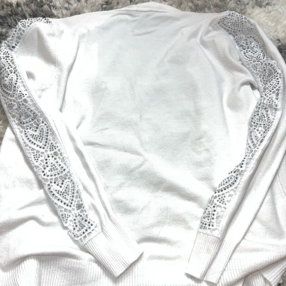 LIV Milano White Open Cardigan Rhinestone Sleeve Sweater - Picture 8 of 9
